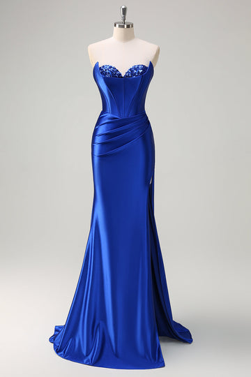 Royal Blue Mermaid corsetto senza spalline paillettes increspato lungo Abito da cerimonia con fessura